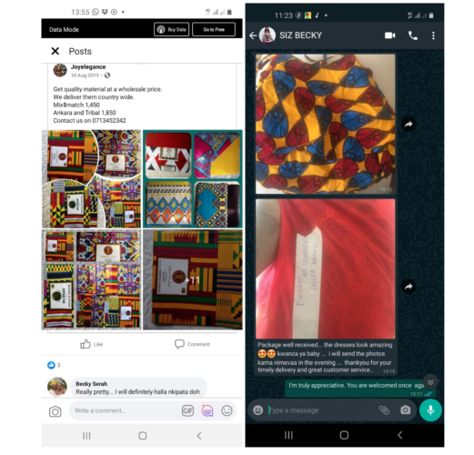 Two screenshots of communication, one on Facebook, the other on WhatsApp, with pictures of clothing items and comments.